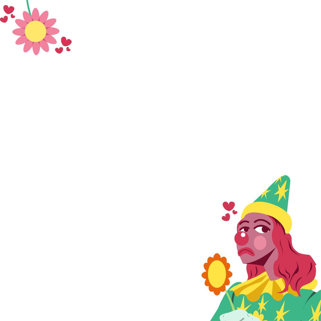 Solemn Clown Holding Flower Wearing Star Hat with Hearts on Transparent Background