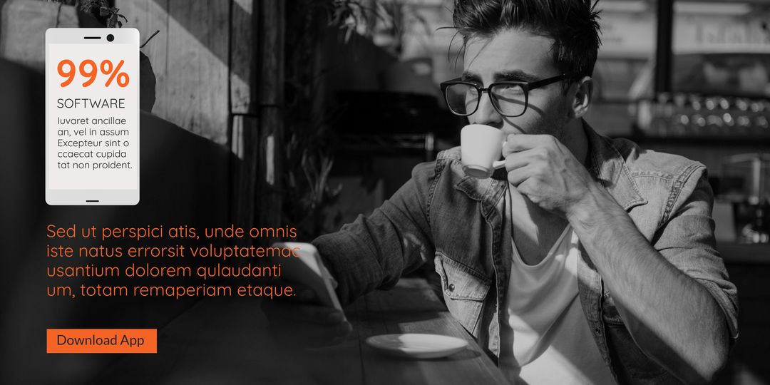 Man Drinking Coffee, Engaging with Smartphone in Cafe Setting