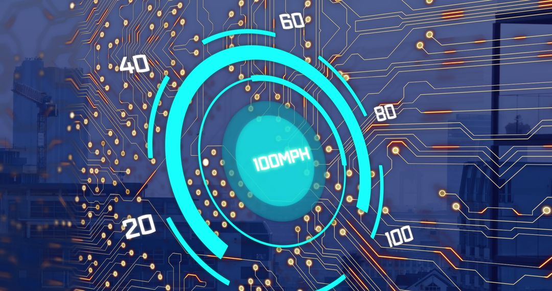 Futuristic Digital Speedometer Overlay on Vibrant Cityscape