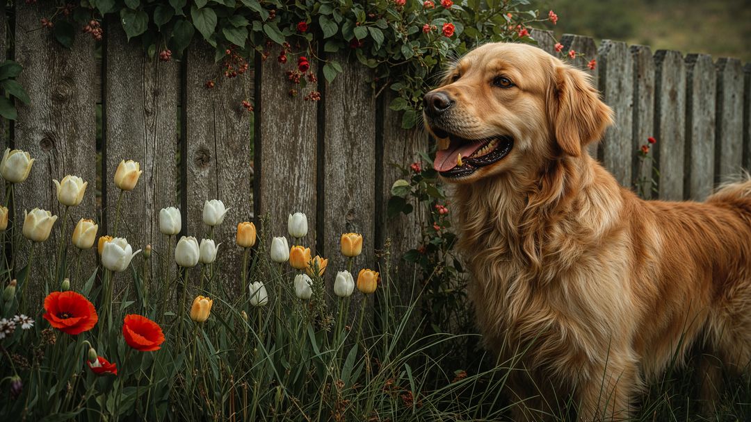 Attentive golden retriever barking dog among vibrant blooms by rustic fence