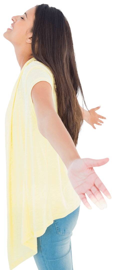 Joyful Young Woman in Yellow Top with Outstretched Arms on Transparent Background