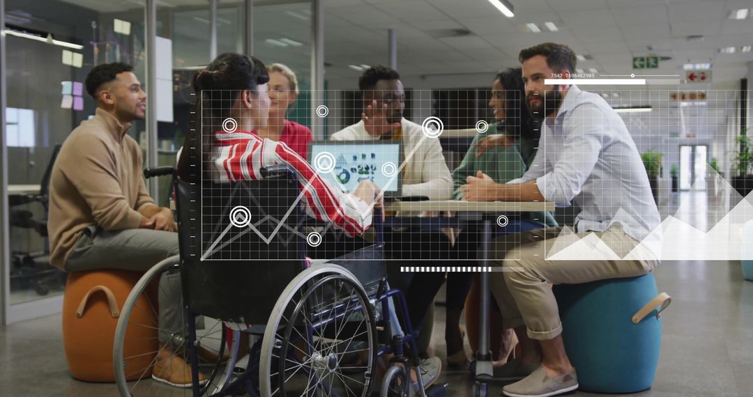 Diverse Team Collaborating with Digital Graphics Overlay