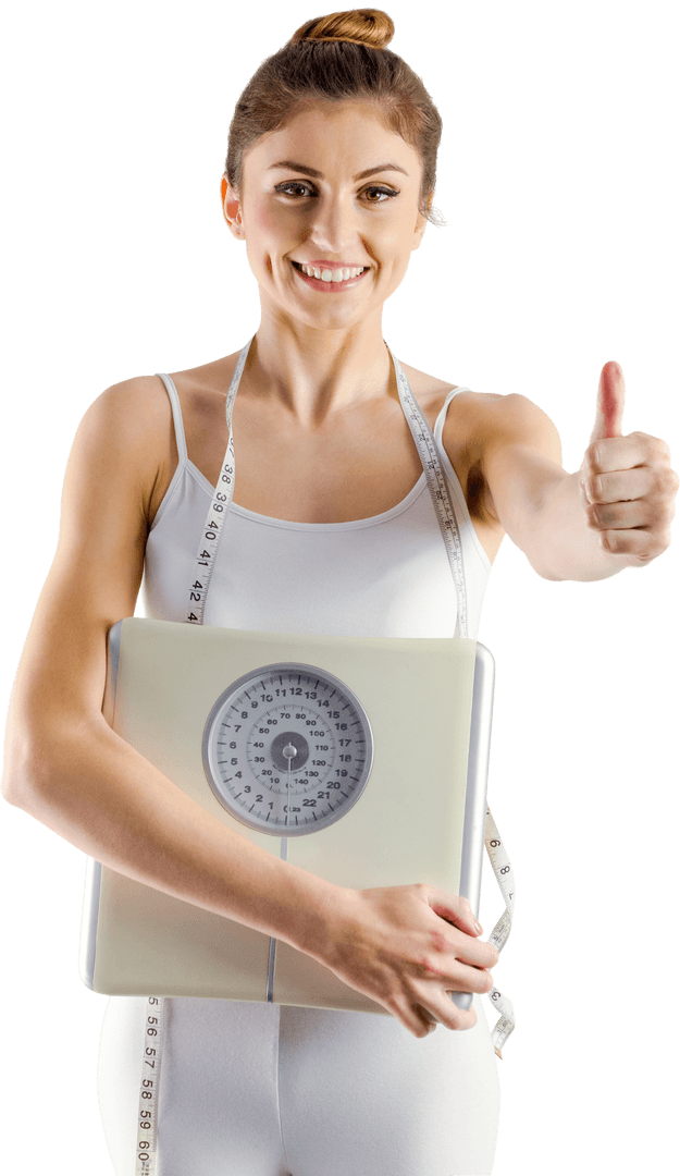 Joyful Transparent Woman Holding Scales and Measuring Tape