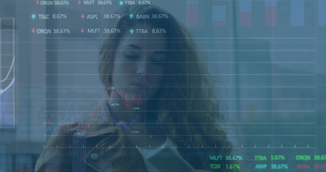 Businesswoman Analyzing Stock Data with Digital Overlay in Modern Office