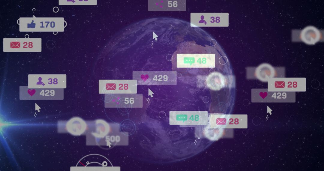 Global Connectivity: Digital Network Notifications Surround Earth