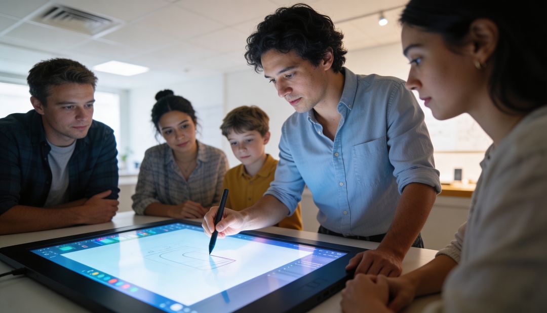 Creative team sketching on large touchscreen table during hands-on digital design workshop