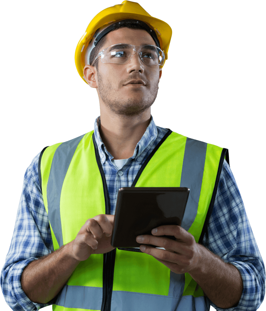 Caucasian Male Worker Using Tablet on Transparent Background