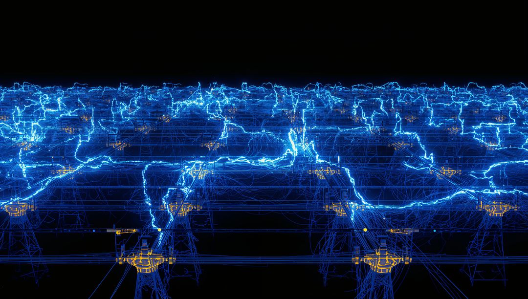 Neon high-voltage grid visualizing electric arcs across networked pylons and node hubs