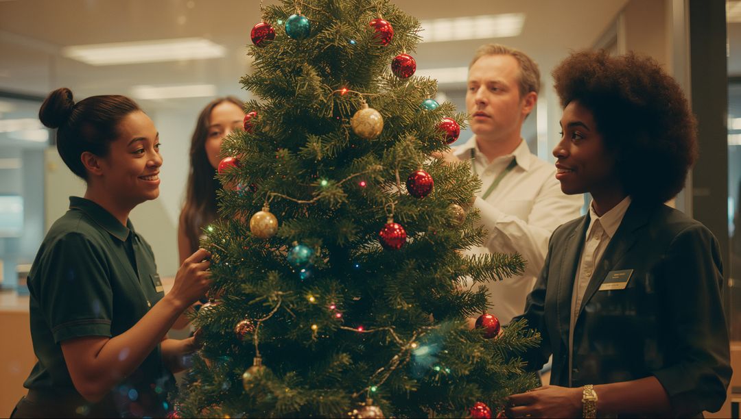 Teamwork at Office: Coworkers Decorating Christmas Tree