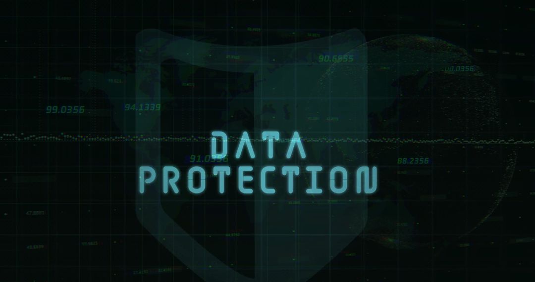 Glowing Data Protection Text with Digital Shield and Globe Illustrations