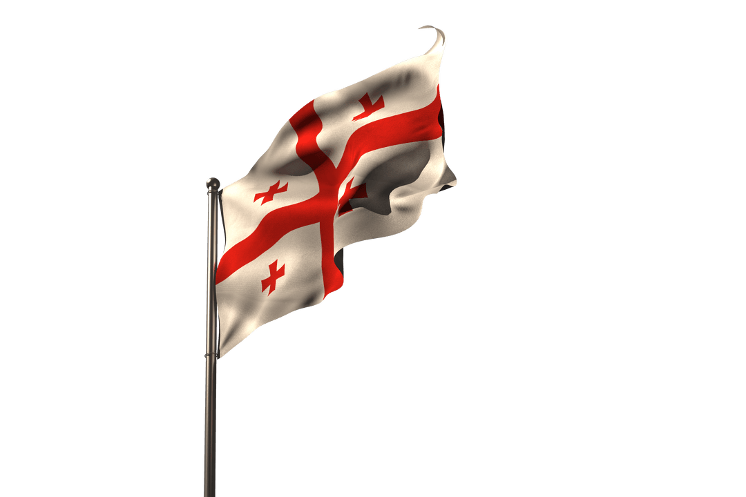 Low Angle View of Waving Georgian Flag, Isolated on Transparent Background
