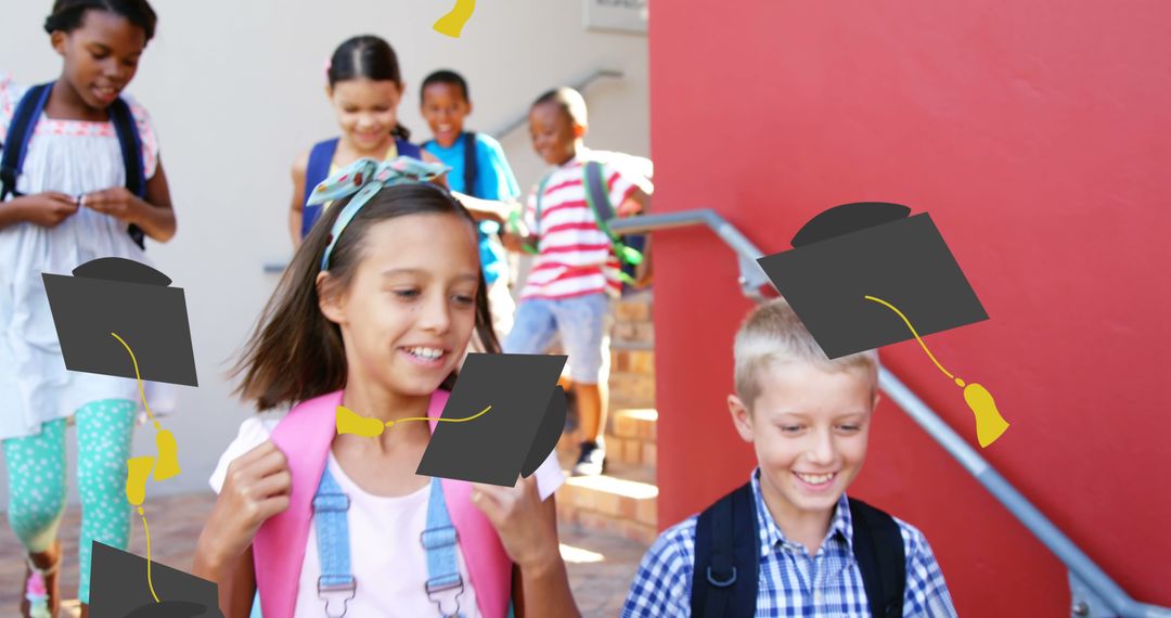 Image of school graduation hat icons over smiling school children at school - Free Images, Stock Photos and Pictures on Pikwizard.com