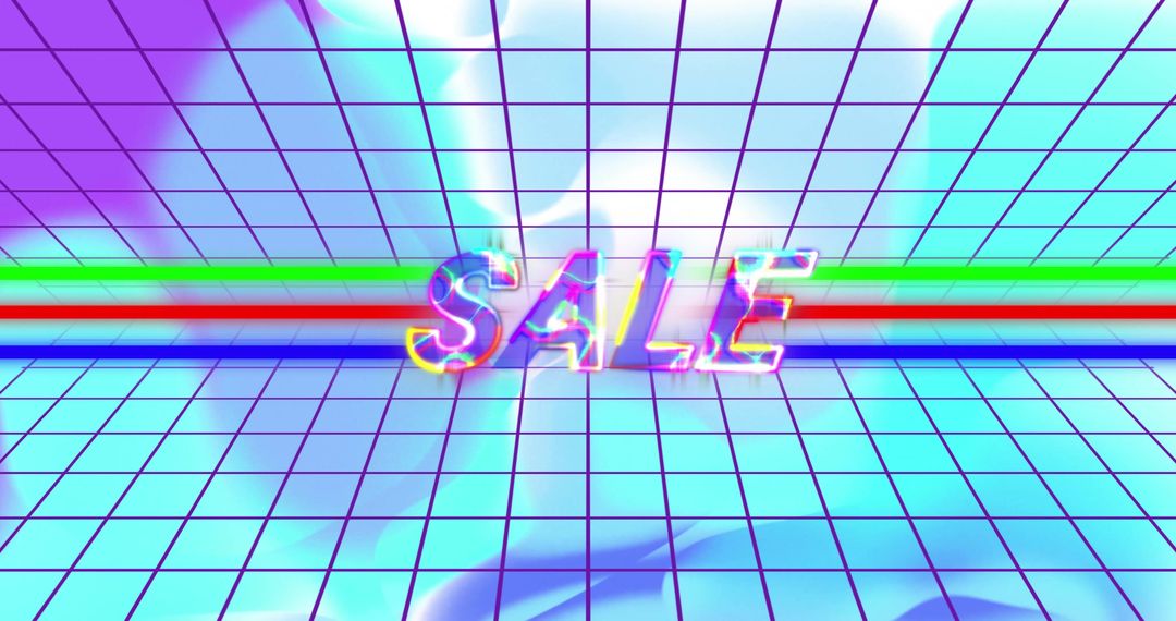Neon-Themed Futuristic Grid with Floating 3D Sale Text