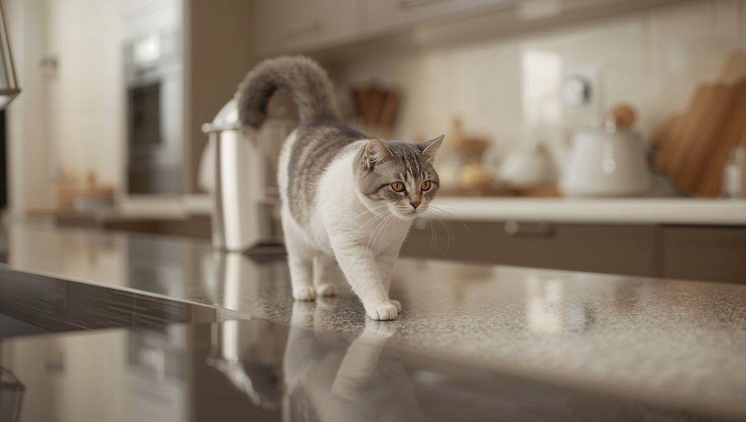 Curious white-and-gray tabby cat walking across glossy kitchen countertop with reflection