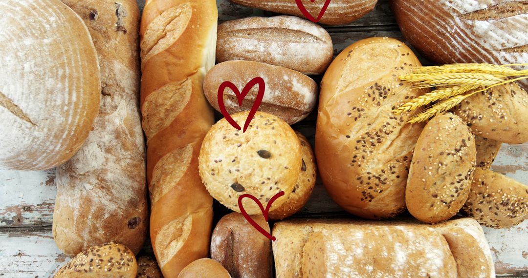 Assortment of Artisan Breads with Superimposed Hearts Symbolizing Freshness