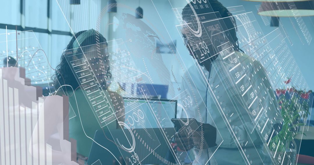 Modern Office Team Analyzing Data with Digital Overlay