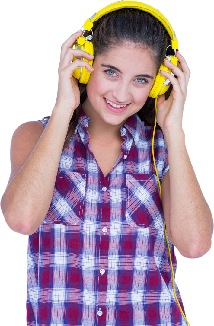 Happy Young Woman with Transparent Background Wearing Yellow Headphones - Download Free Stock Images Pikwizard.com