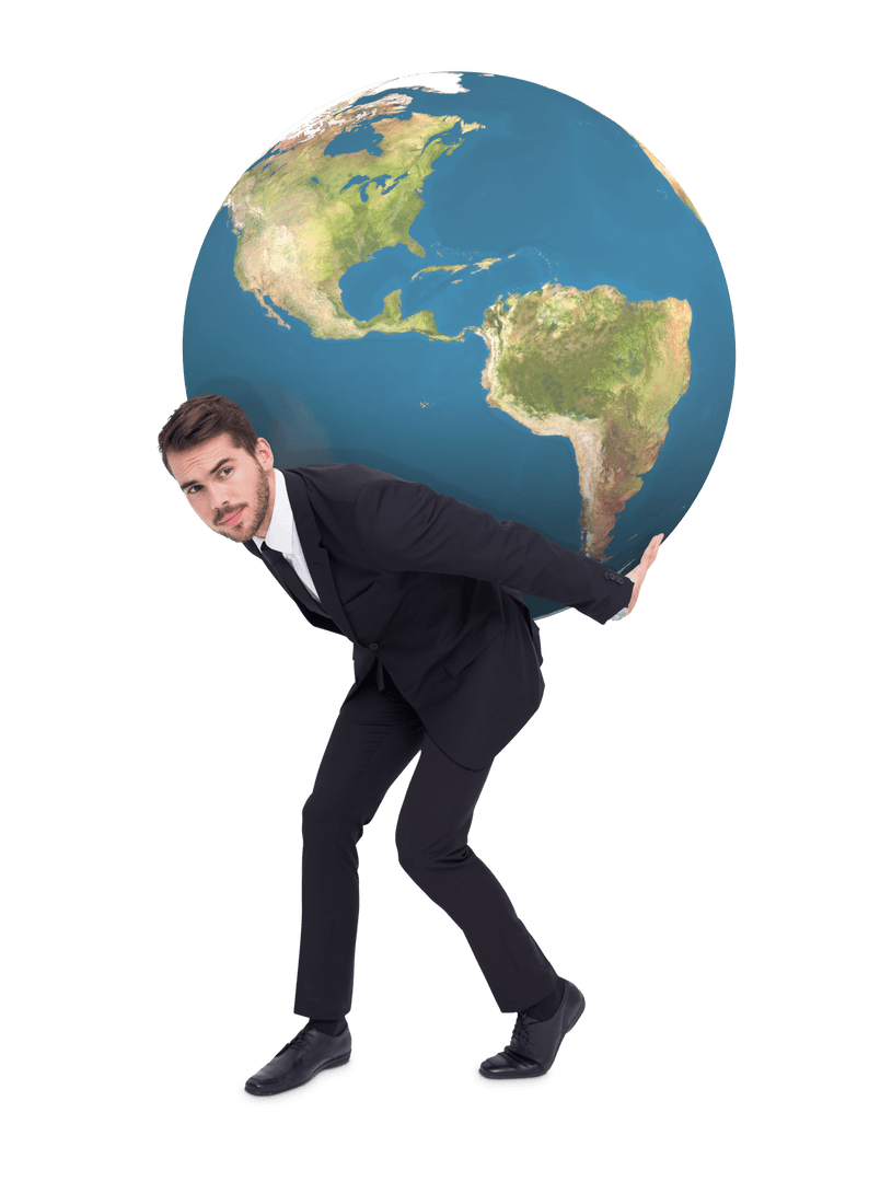 Caucasian Businessman Carrying Globe Transparent Background
