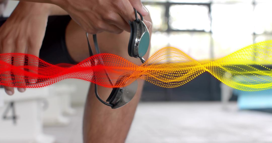 Adjusting mirrored goggles on starting block with vibrant waveform overlay