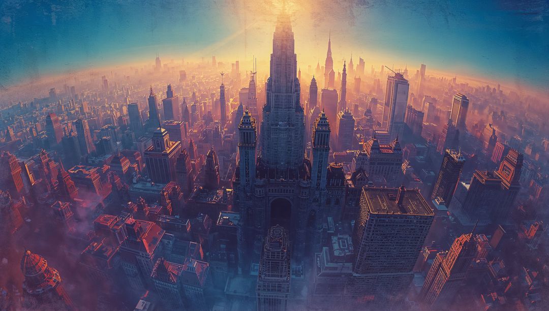 Gothic-inspired skyscraper soaring above sunlit metropolis at golden hour