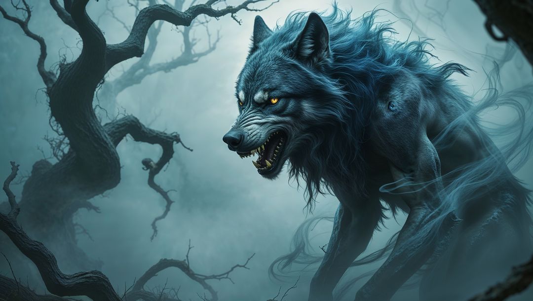 Fierce mythical werewolf in haunted forest