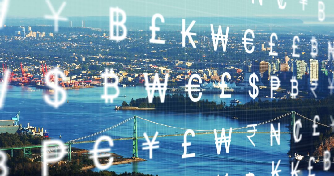 Currency Symbols Overlay on Cityscape and Ocean Concept