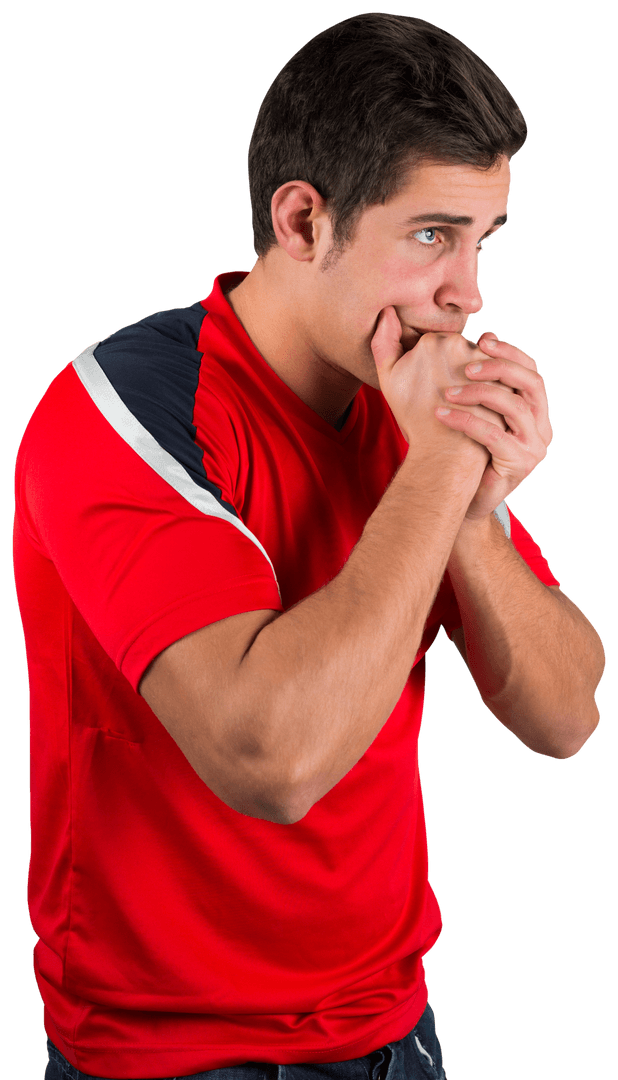 Nervous Football Fan in Red Jersey Isolated on Transparent Background