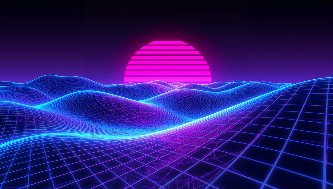 Glowing Neon Wireframe Horizon with Rising Magenta Sun, Retro Synthwave Vaporwave Landscape