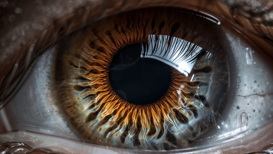 Revealing amber iris fibers and moist cornea under slit-lamp macro for ophthalmology