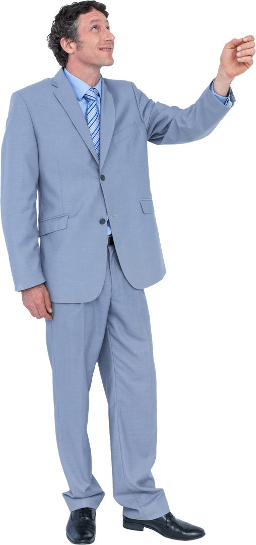 Transparent Businessman Pointing and Presenting Upward in Gray Suit