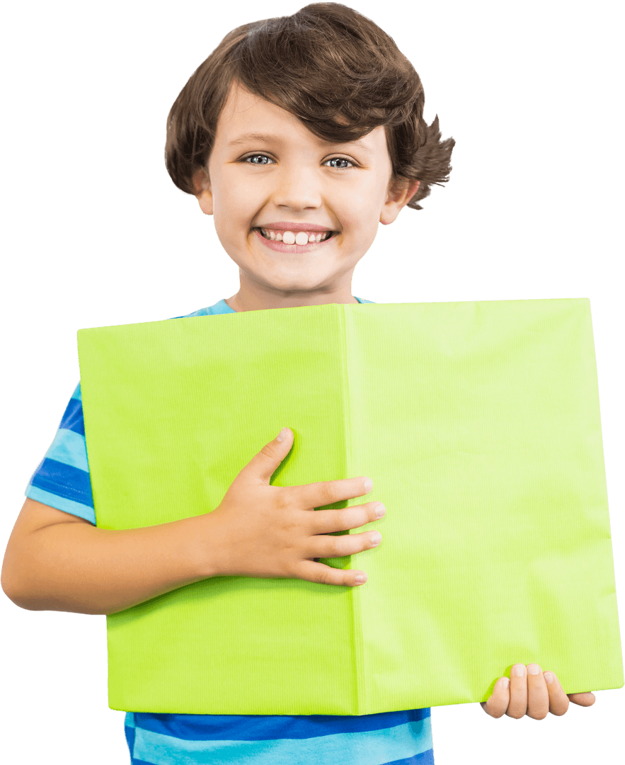 Young Boy Smiling While Holding Bright Green Book with Transparent Background