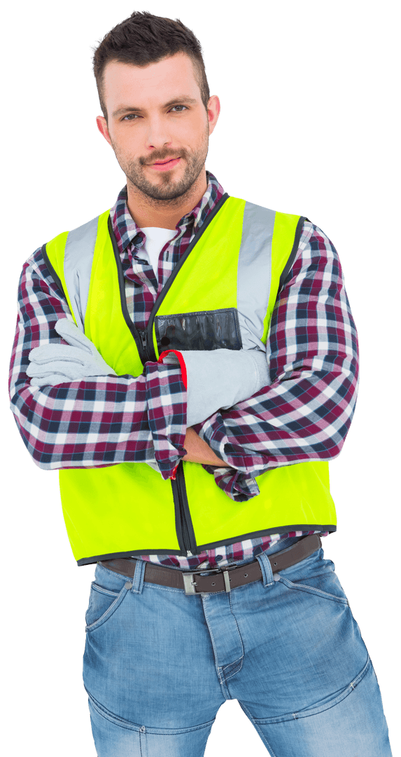 Confident Handyman in Reflective Vest with Crossed Arms