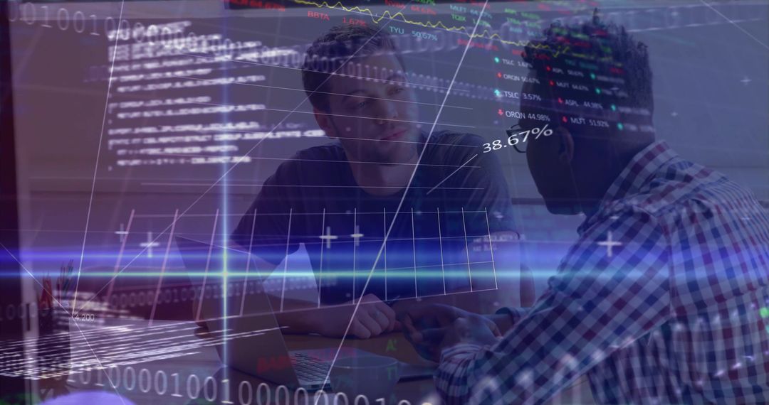 Two Professionals Collaborating on Data Analysis with Digital Overlays