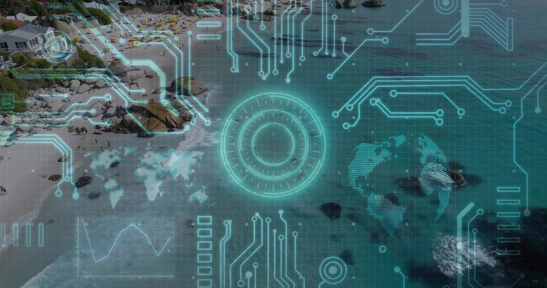 Futuristic HUD Overlay on Scenic Coastal Beachfront