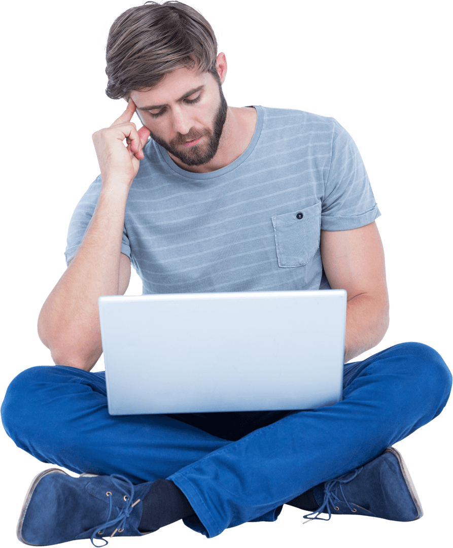Transparent Young Man Using Laptop Looking Stressed and Thoughtful