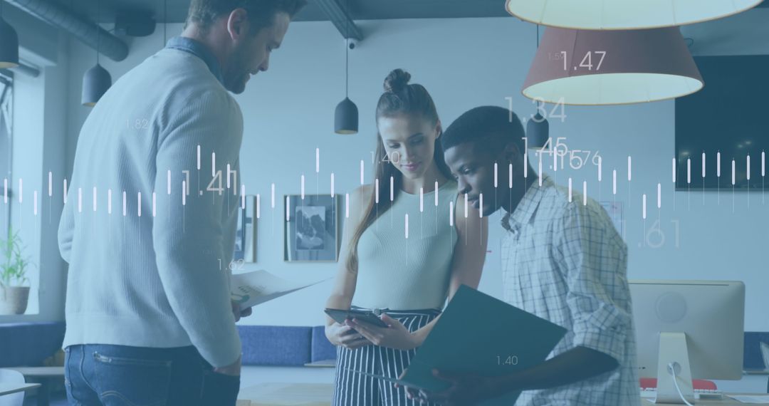 Diverse Team Analyzing Financial Data Visualizations in Modern Office