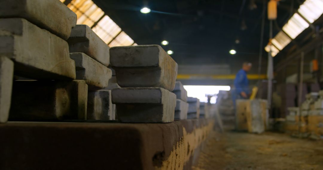 Worker Arranging Bricks in Dimly Lit Industrial Warehouse - Free Images, Stock Photos and Pictures on Pikwizard.com