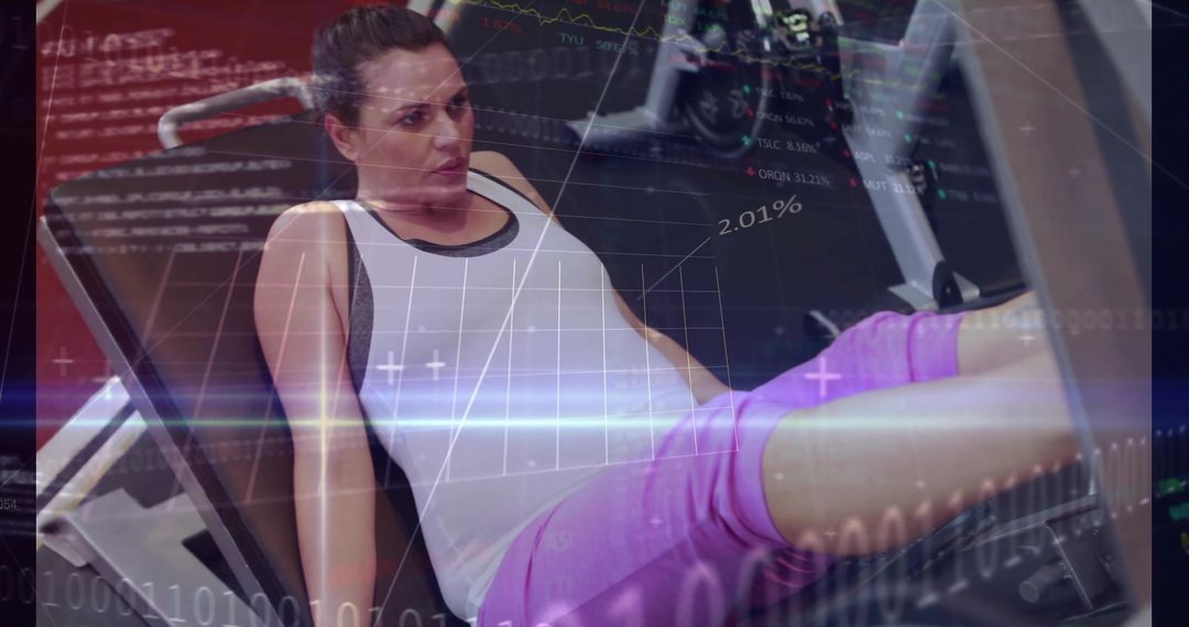 Woman Exercising on Leg Press with Digital Overlay Charts in Gym