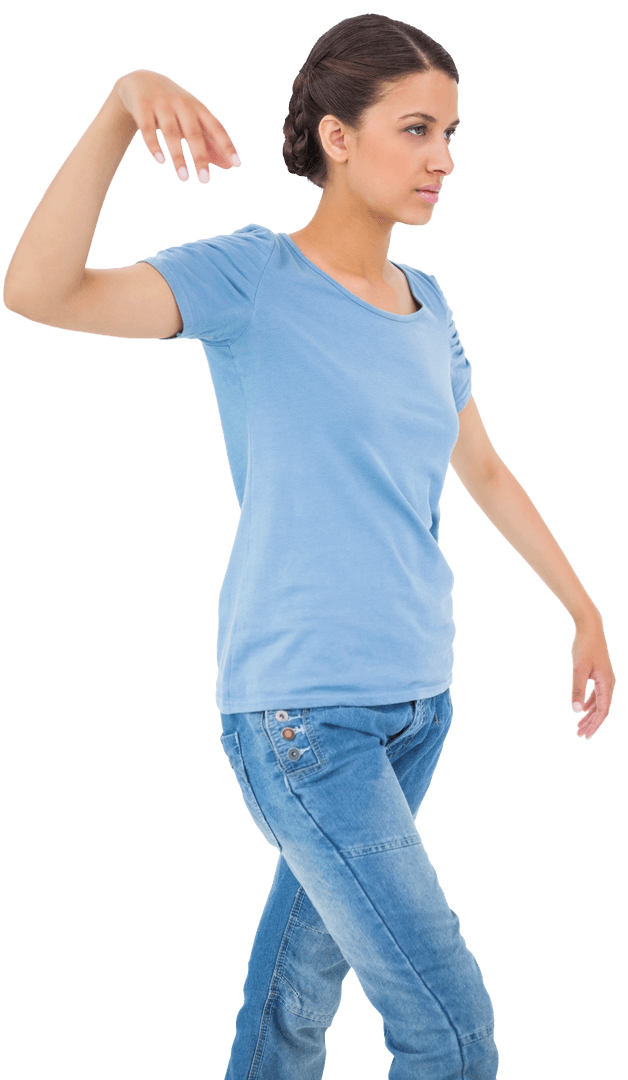 Woman Posing on Transparent Background in Casual Blue Outfit