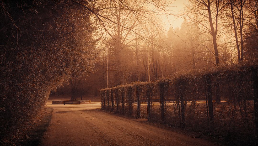 Sepia Misty Park Path Leading Past Trimmed Hedge to Empty Bench, Woodland Calm