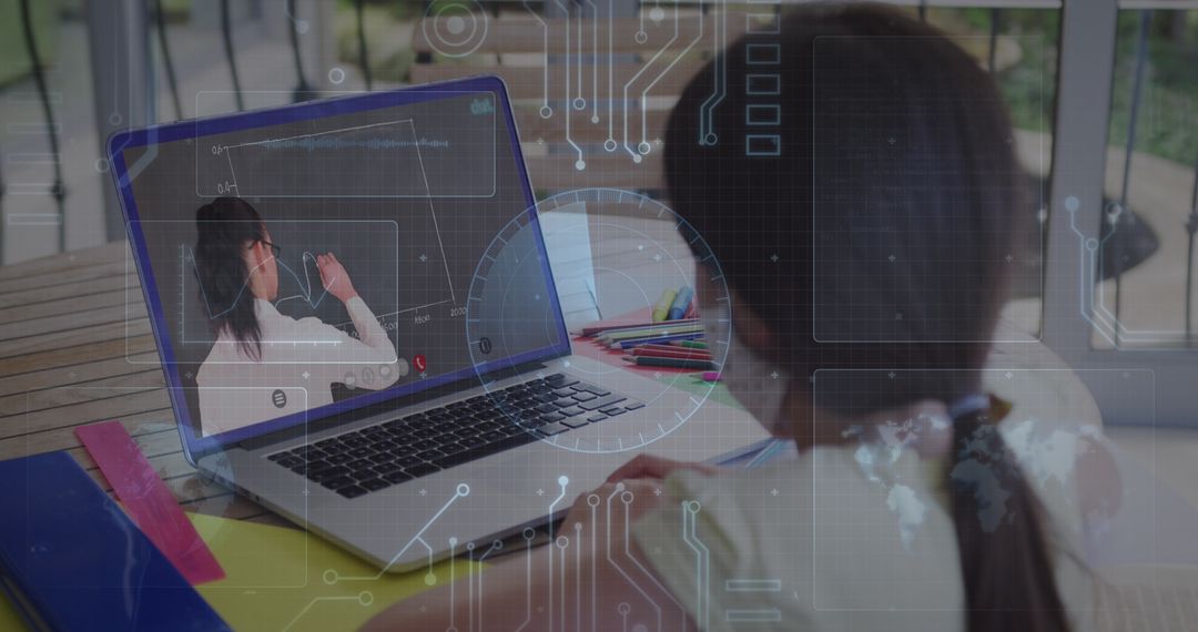 Girl Engaging in Online Class with Futuristic Tech Overlay