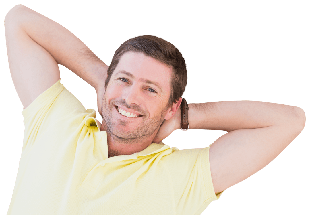Smiling Caucasian Man Relaxing with Hands Clasped in Yellow Shirt Transparent Background
