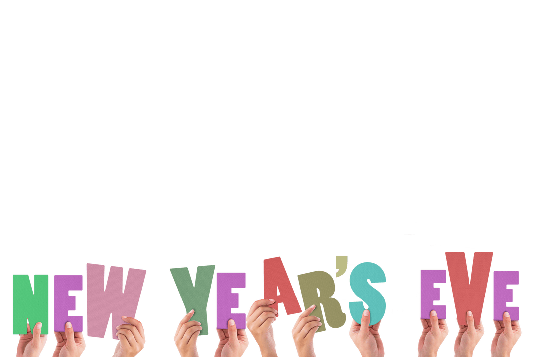 Hands Holding Colorful Transparent Letters for New Year's Eve