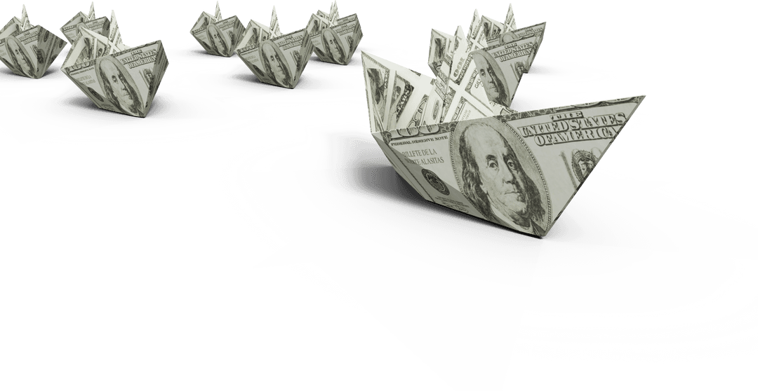 Transparent Currency Origami Boats Floating on White Background