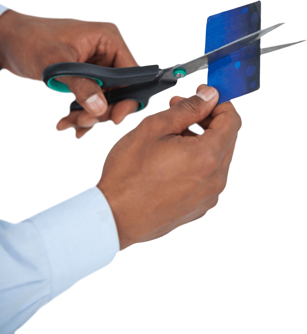 Hands Cutting Blue Credit Card with Scissors, Symbolizing Debt Relief
