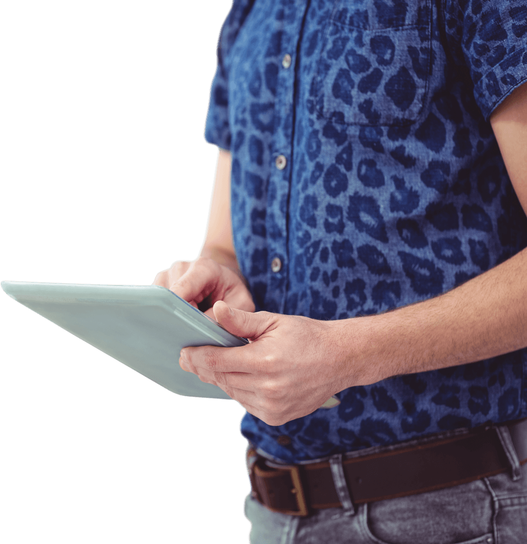 Caucasian Man Using Tablet on Transparent Background