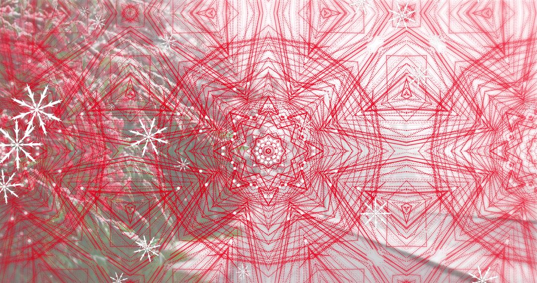 Red Geometric Mandala Over Foliage with Snowflake Motifs