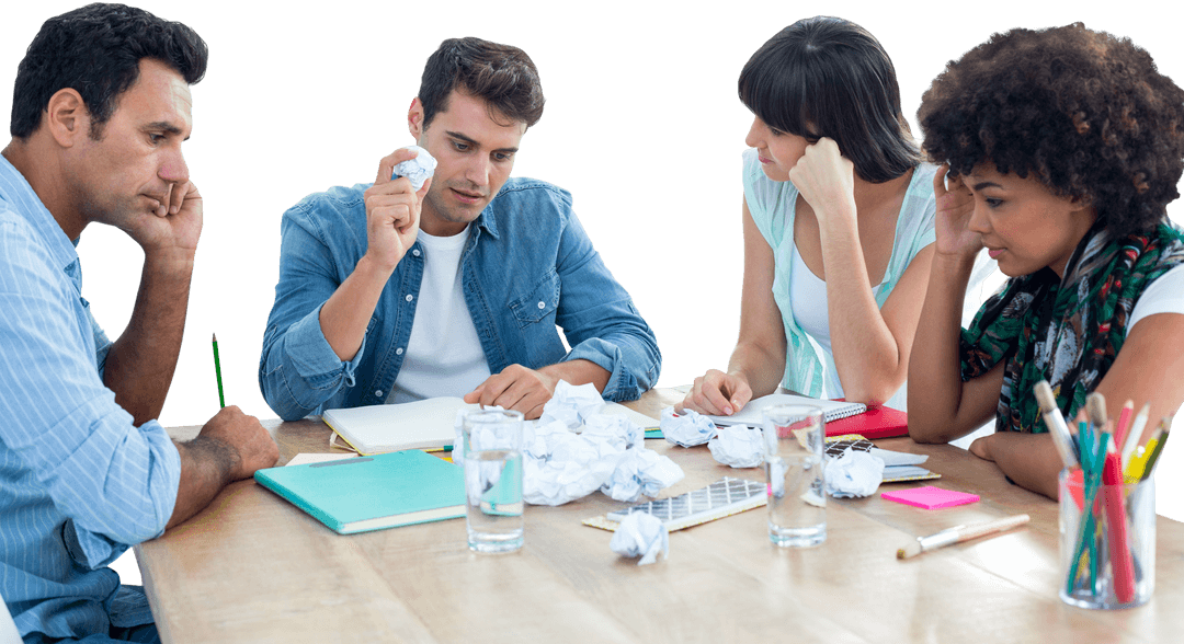 Exhausted Business Team Engaging in Brainstorming with Crumpled Papers, Transparent Background