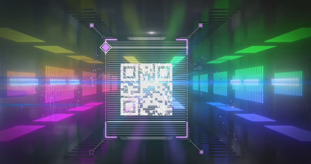 Futuristic QR Code and Biometric Interface in Neon Tunnel