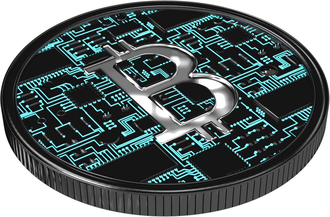 Black Coin with Bitcoin Symbol on Transparent Background